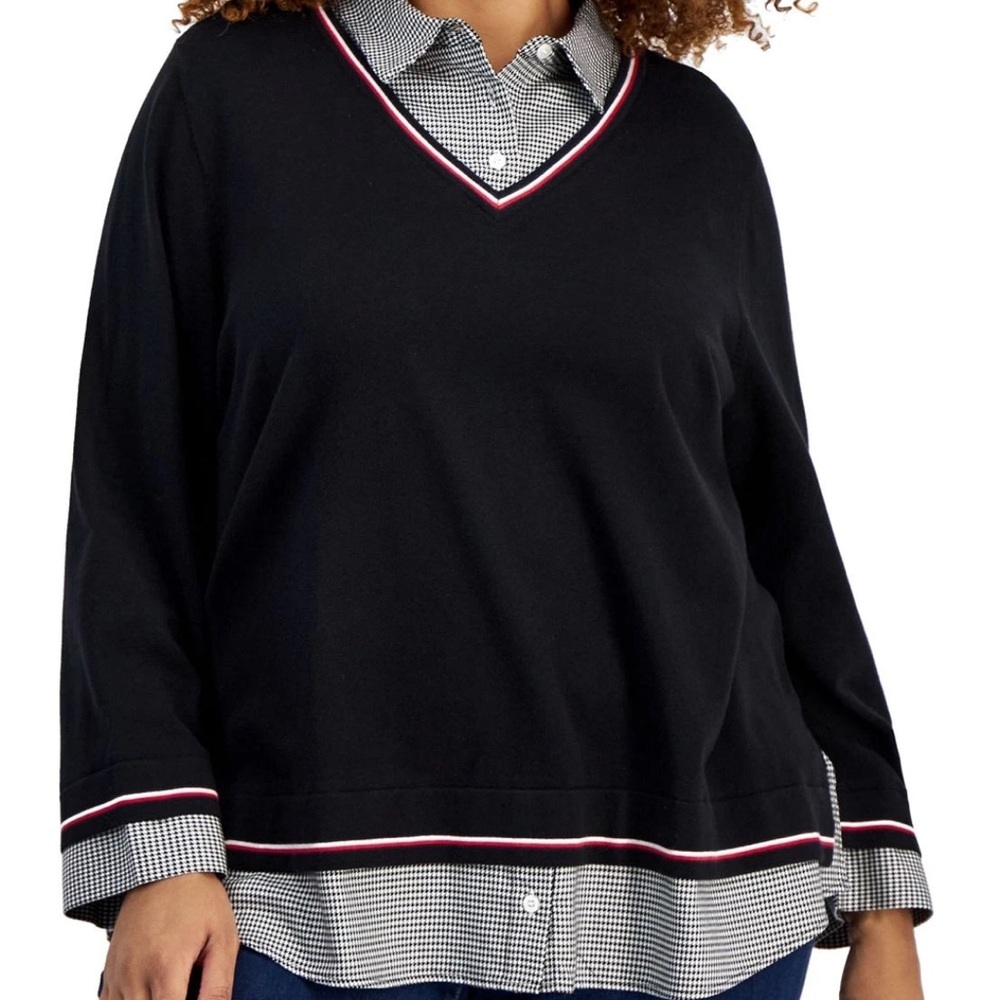 Tommy Hilfiger Black V-Neck Sweater with Red and White Trim